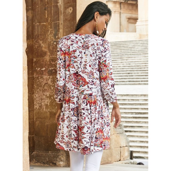 Peruvian Connection Goa Tunic in Pearl Sz XS Dress Floral Colorful Boho Festival - Picture 12 of 12